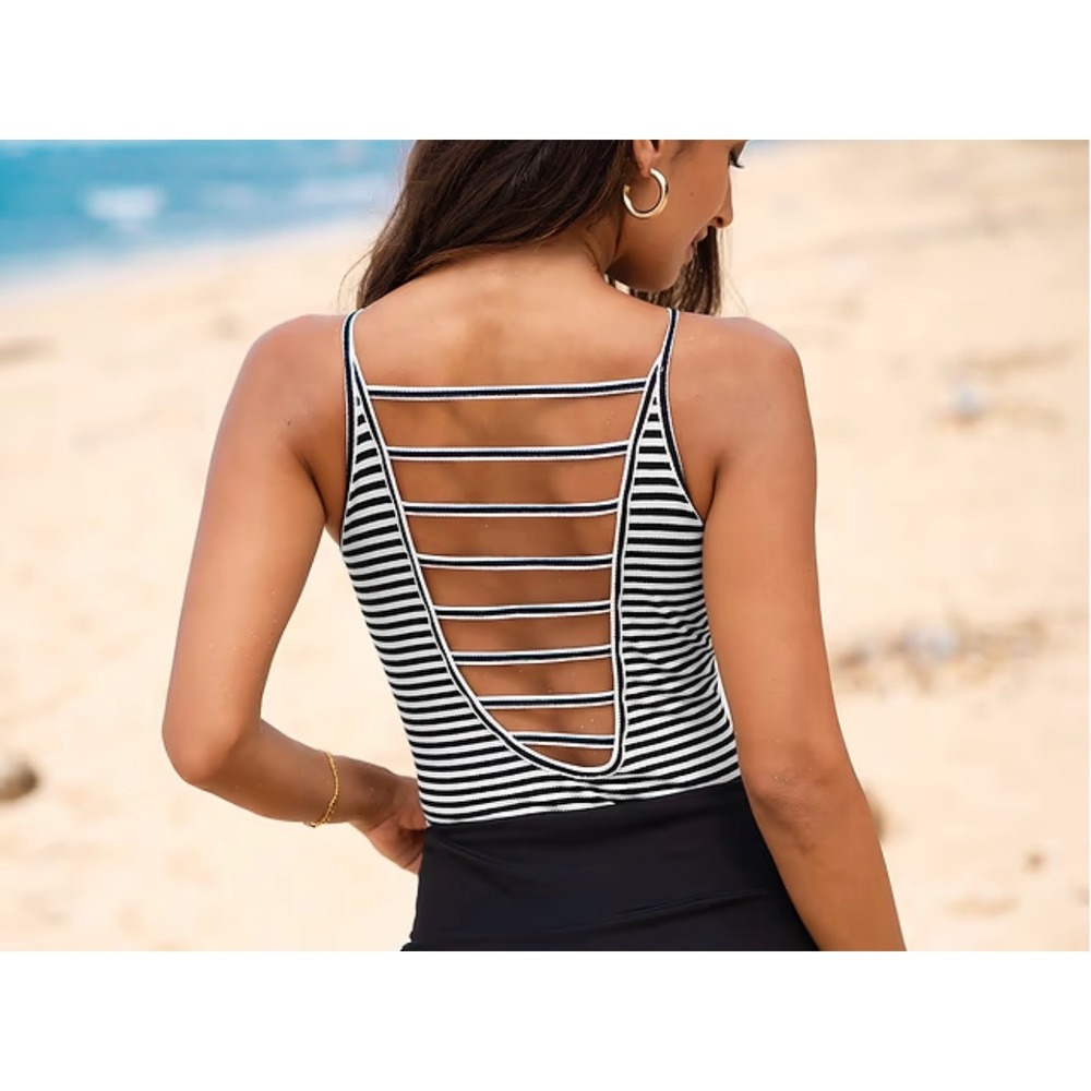 Cupshe Black & White Stripe Scoop Neck Cotton Ribbed Bodysuit Women Small NWT